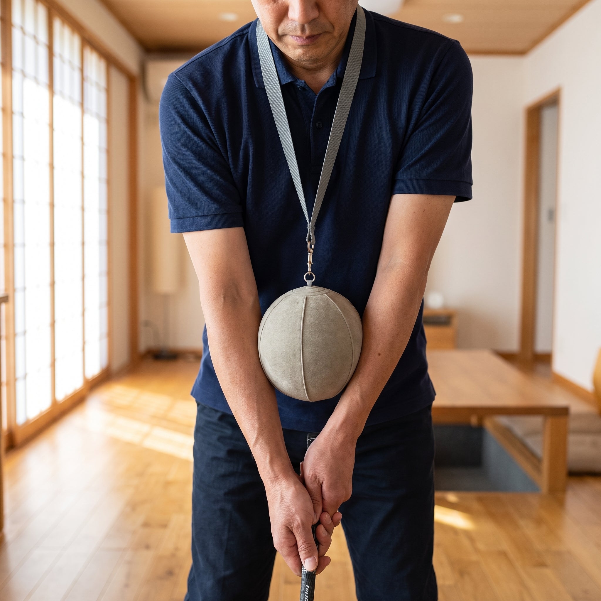 自宅リビングでの同調ドリル(両前腕に挟んで構える)